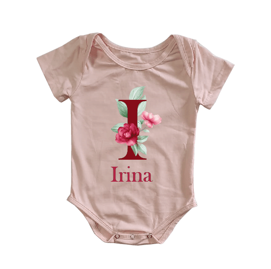 Personalized Floral Name INitial Design on Pink Baby Romper.