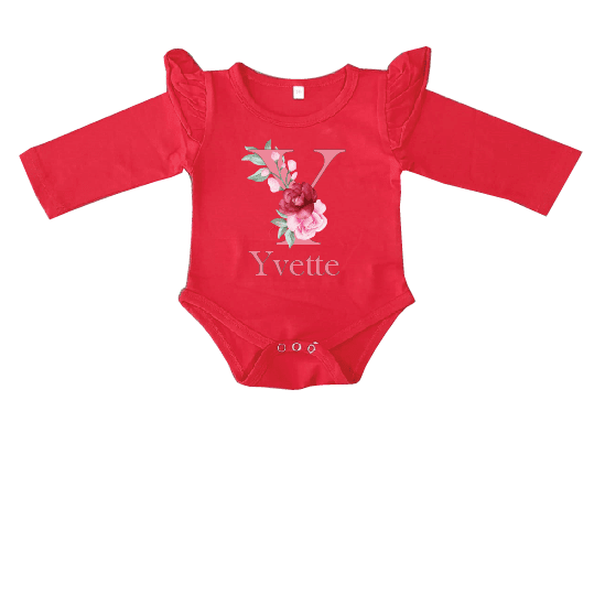 Personalized Name Initial Floral design on Red baby romper