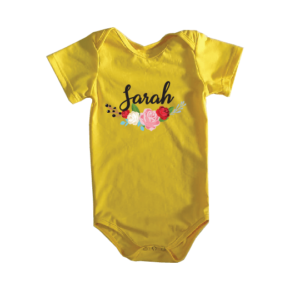 Yellow Baby Romper with floral and name print for baby girl